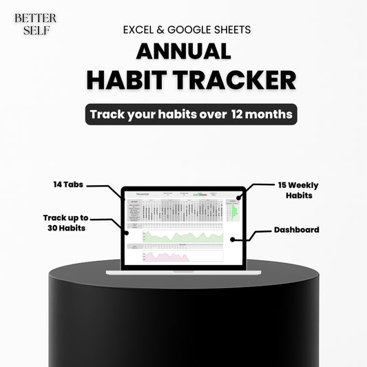 Laptop on a black stand displaying an annual habit tracker with features highlighted.