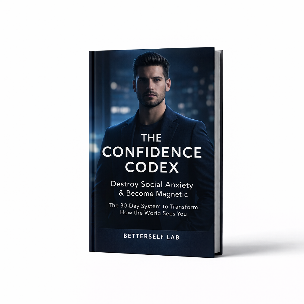 Book titled 'The Confidence Codex' by BetterSelf Lab with a man's face on the cover.