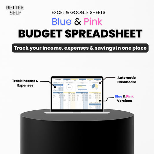 Budget spreadsheet software with laptop on a black pedestal, text about tracking income, expenses, and savings.